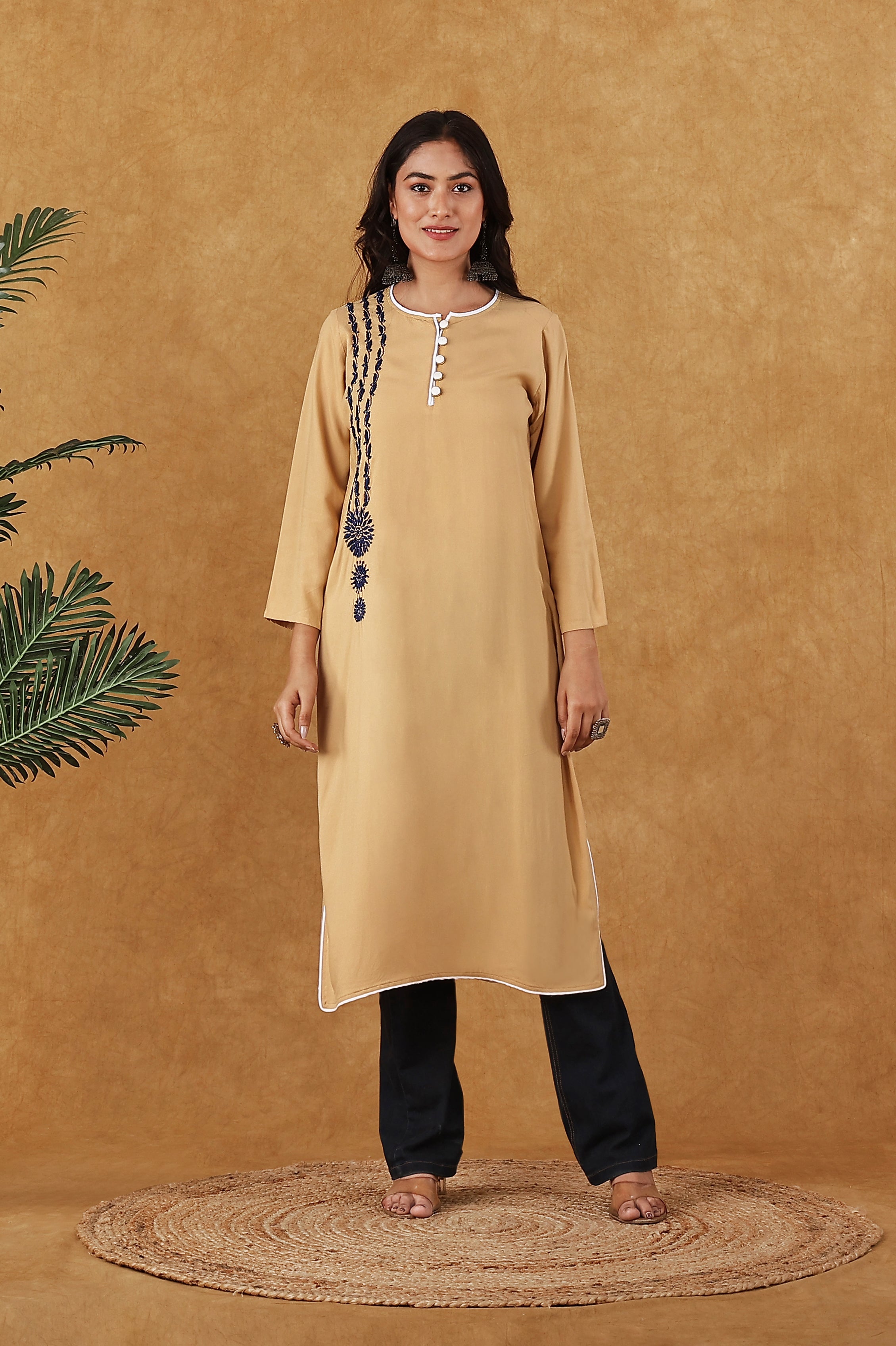 Rayon Beige & Blue Kurta