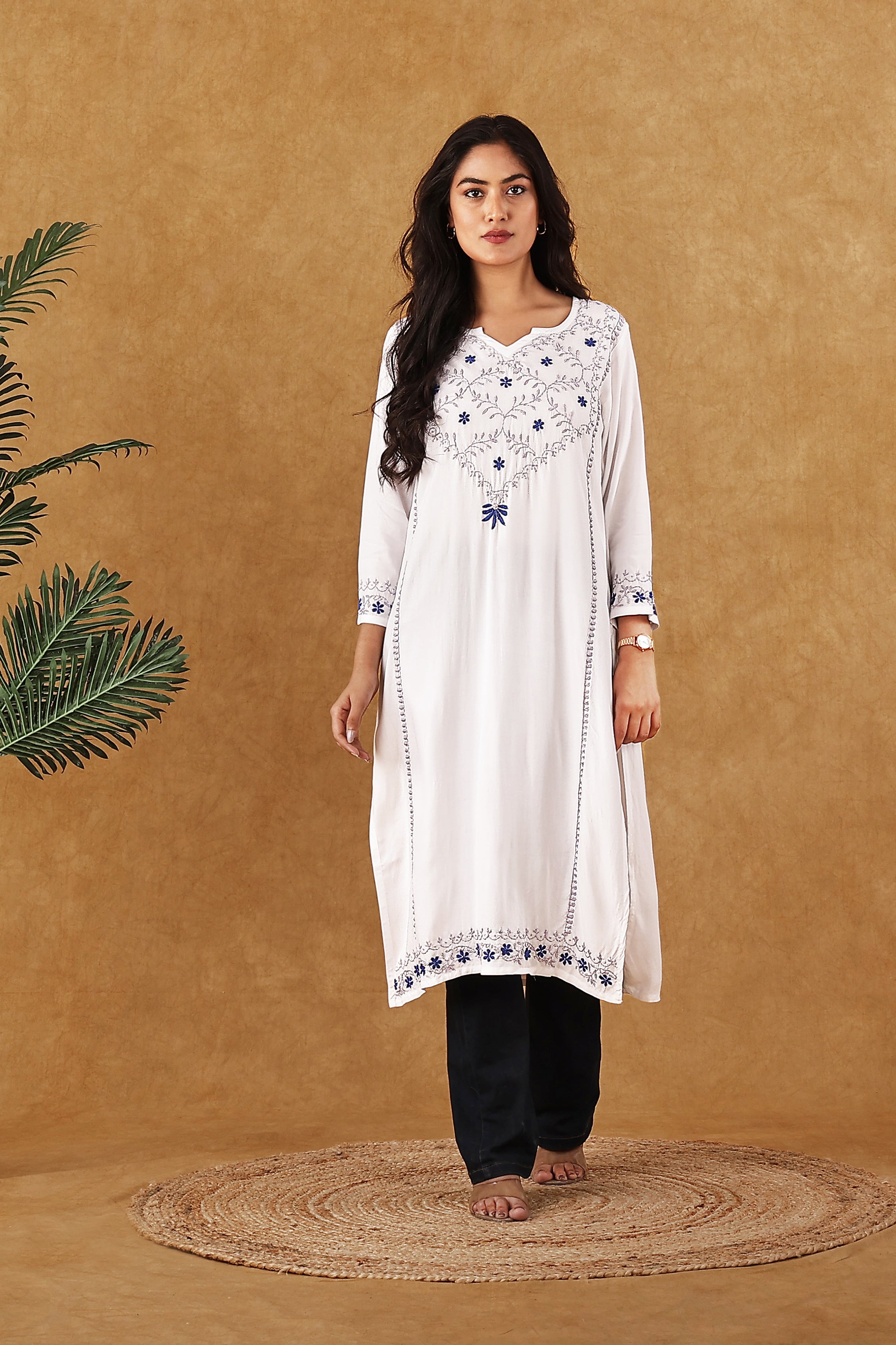Rayon White with Blue & Lavender Kurta