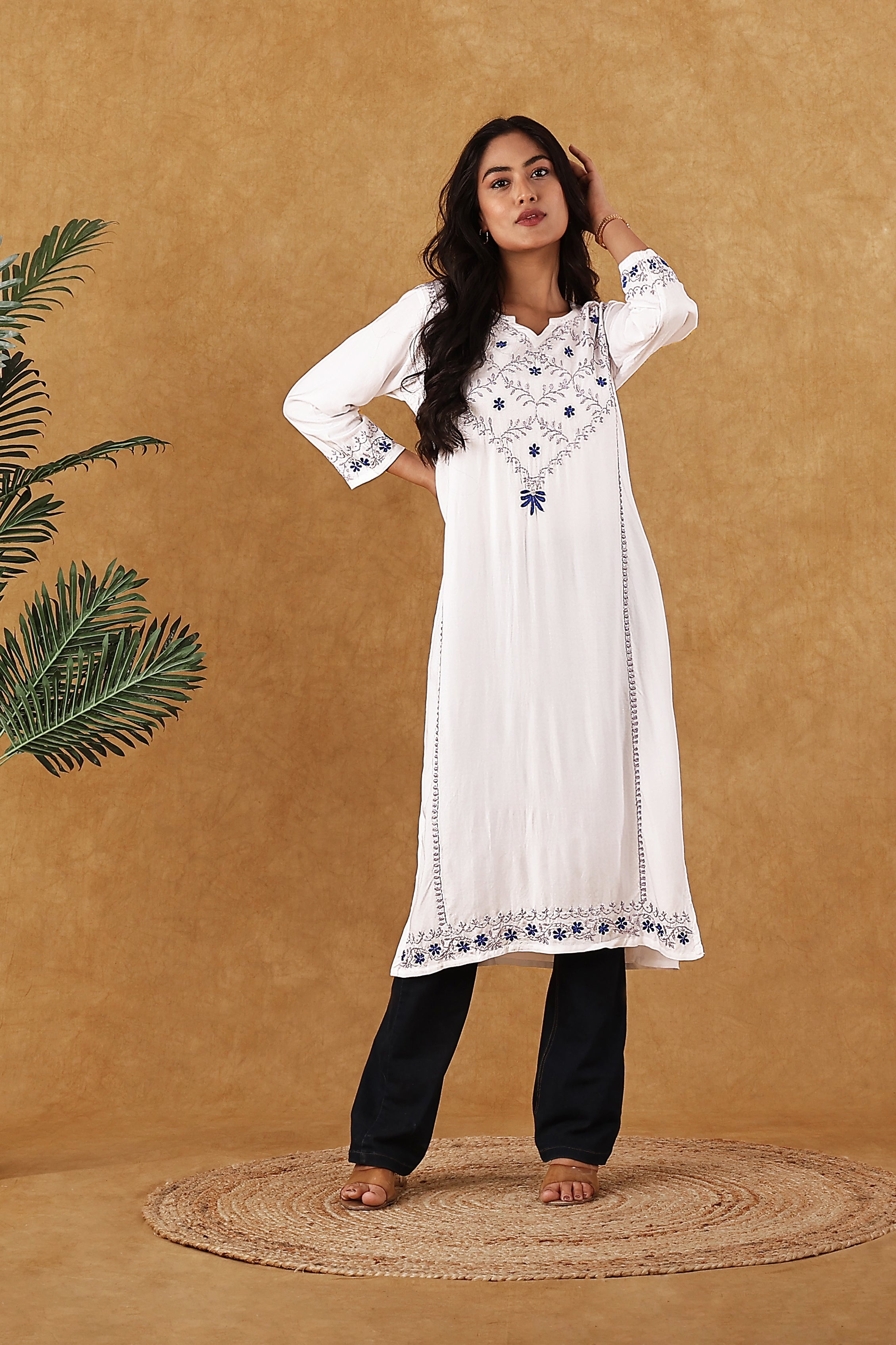 Rayon White with Blue & Lavender Kurta