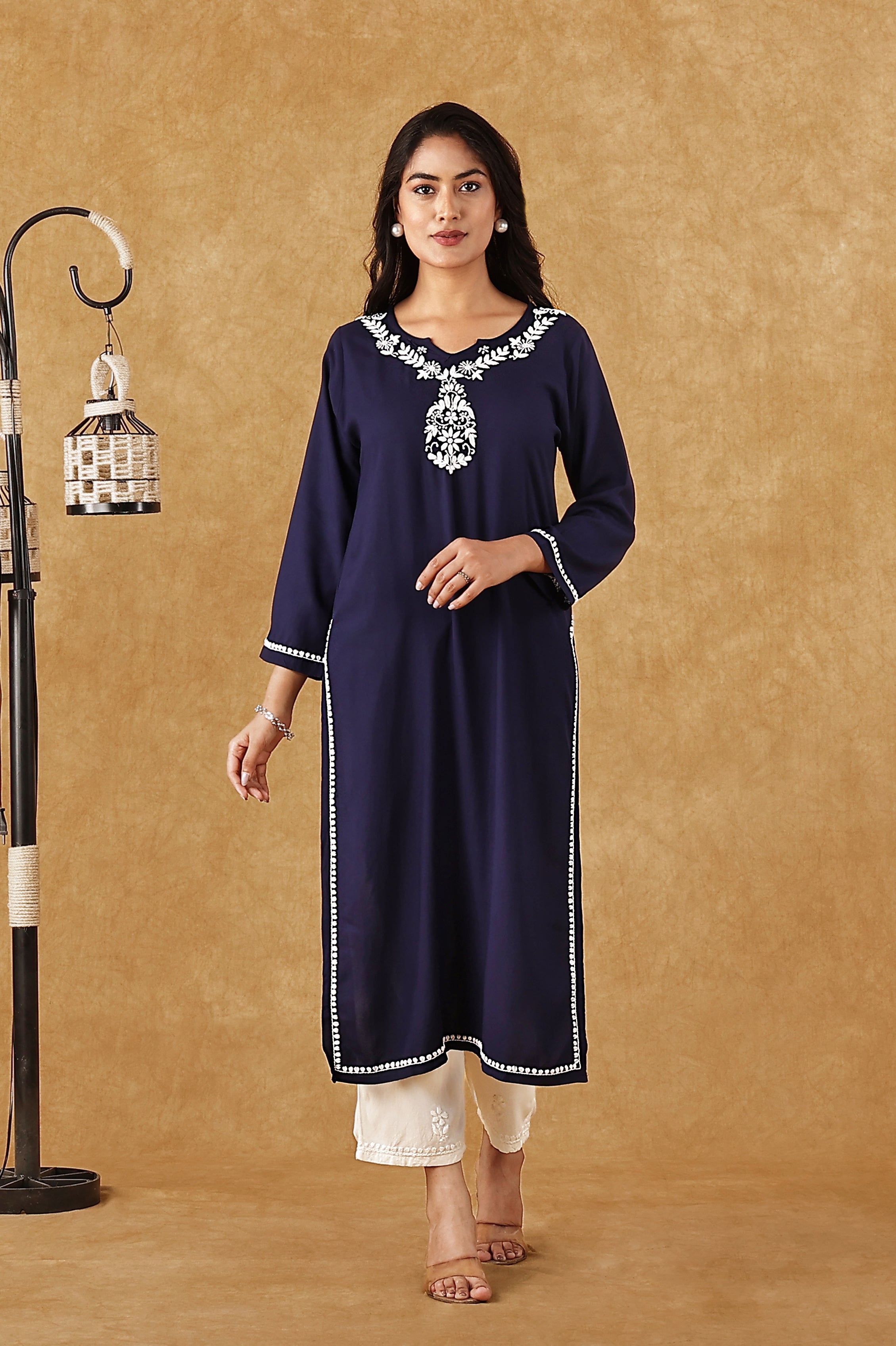 Rayon Navy Blue &  White Kurta