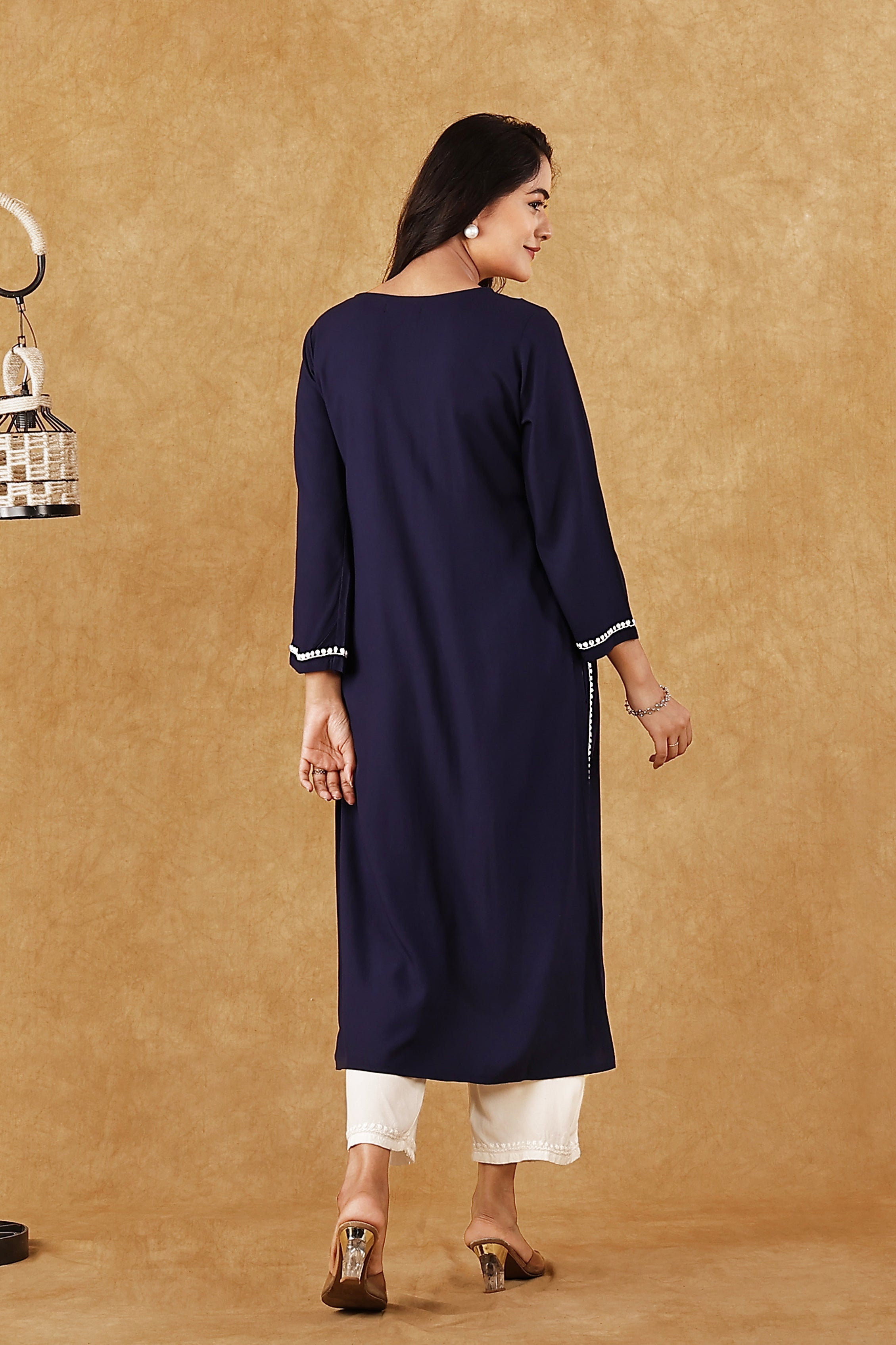 Rayon Navy Blue &  White Kurta