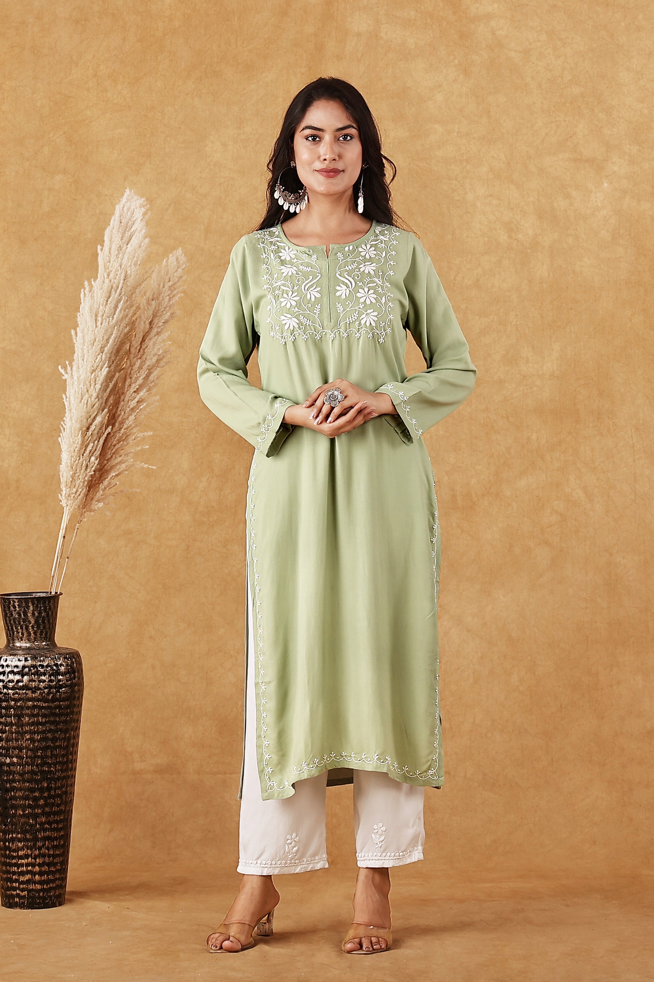 Rayon Sage Green & White Kurta