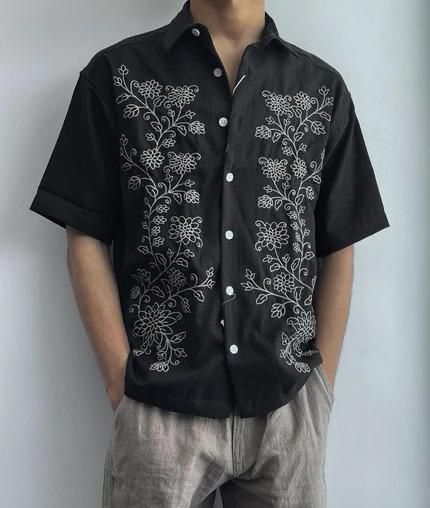 Men's Embroidered Floral Button-Up Shirt – Casual & Bohemian Style