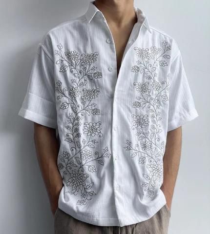 Men's Embroidered Floral Button-Up Shirt – Casual & Bohemian Style