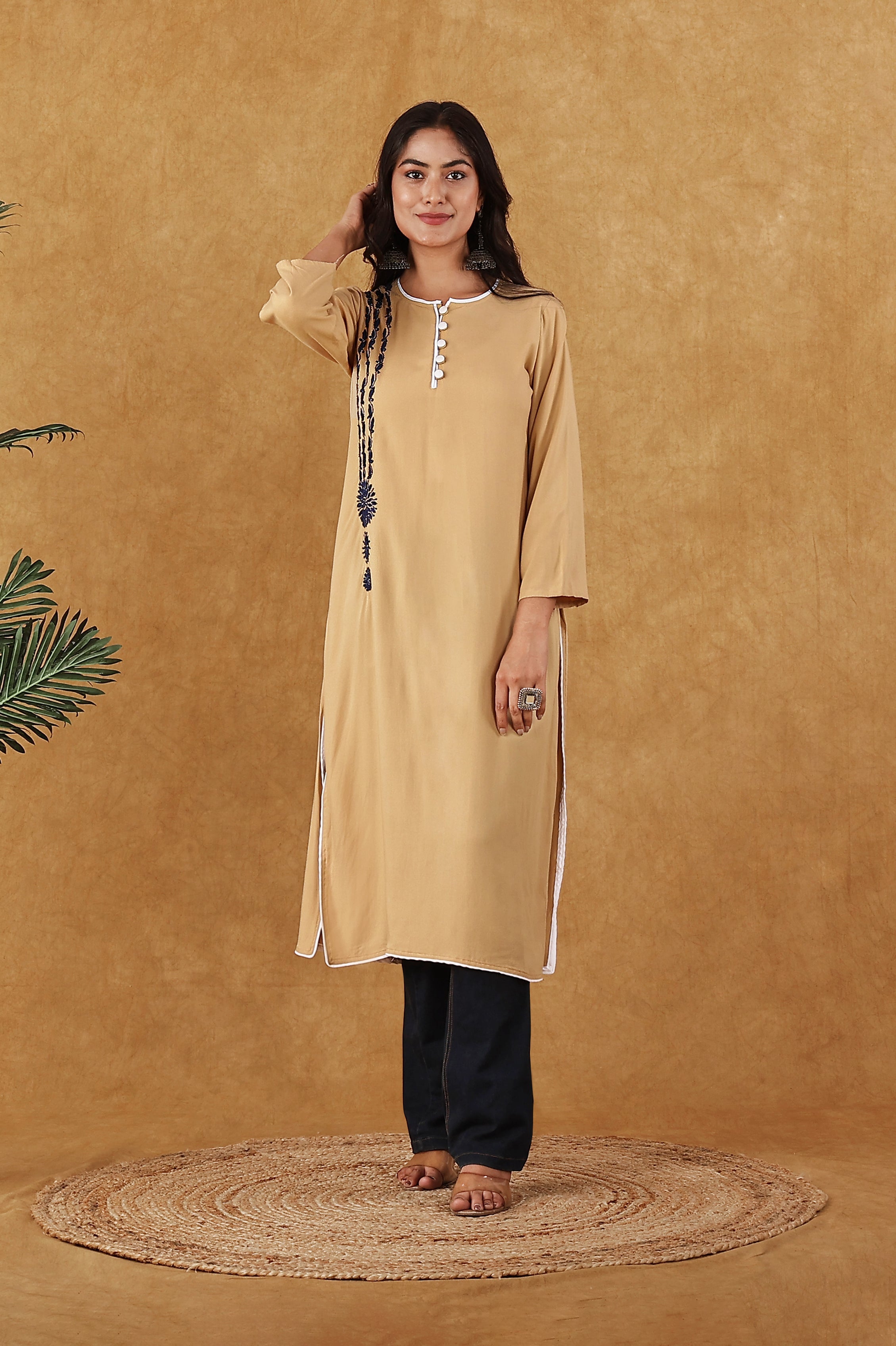 Rayon Beige & Blue Kurta