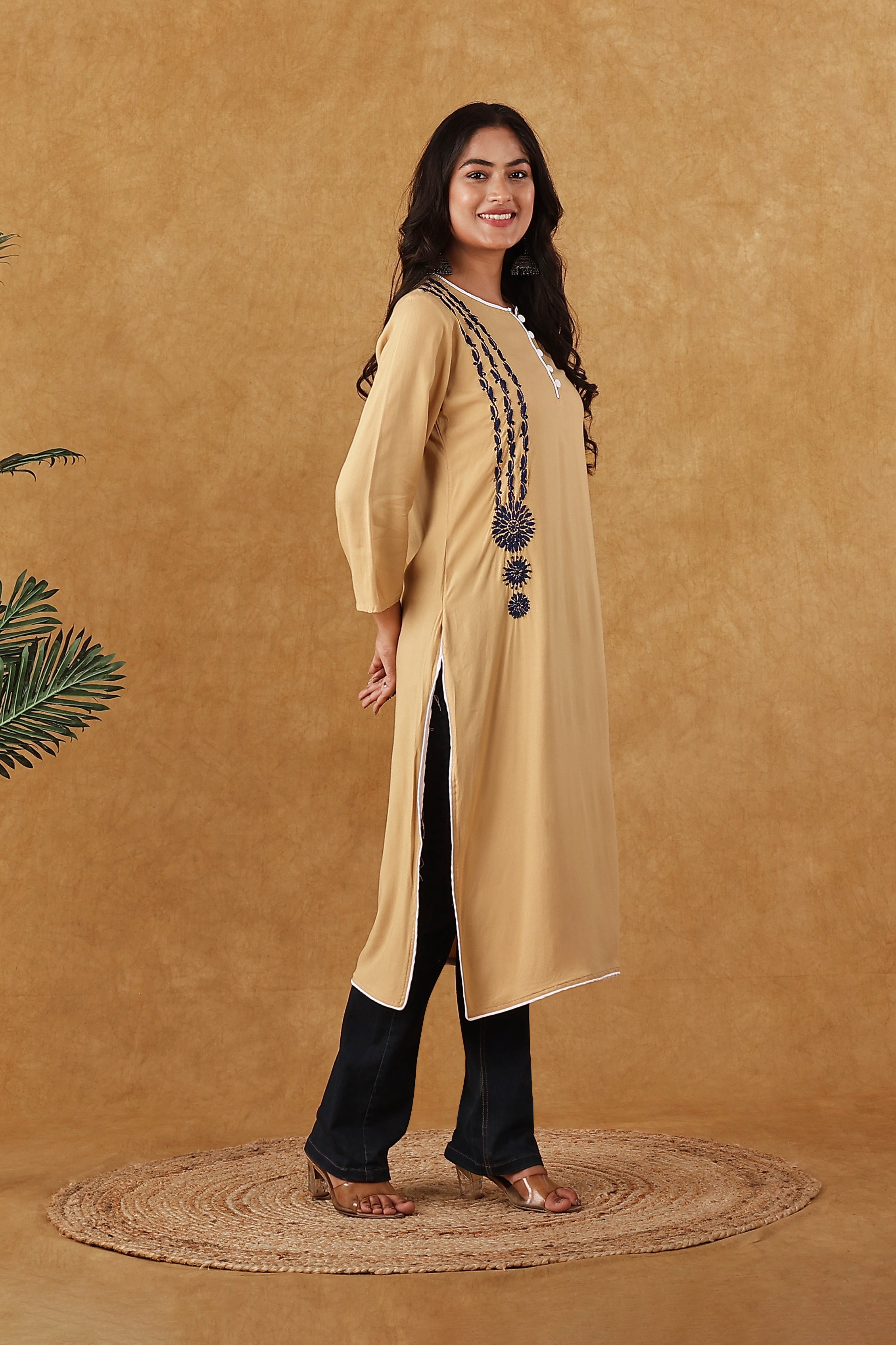 Rayon Beige & Blue Kurta