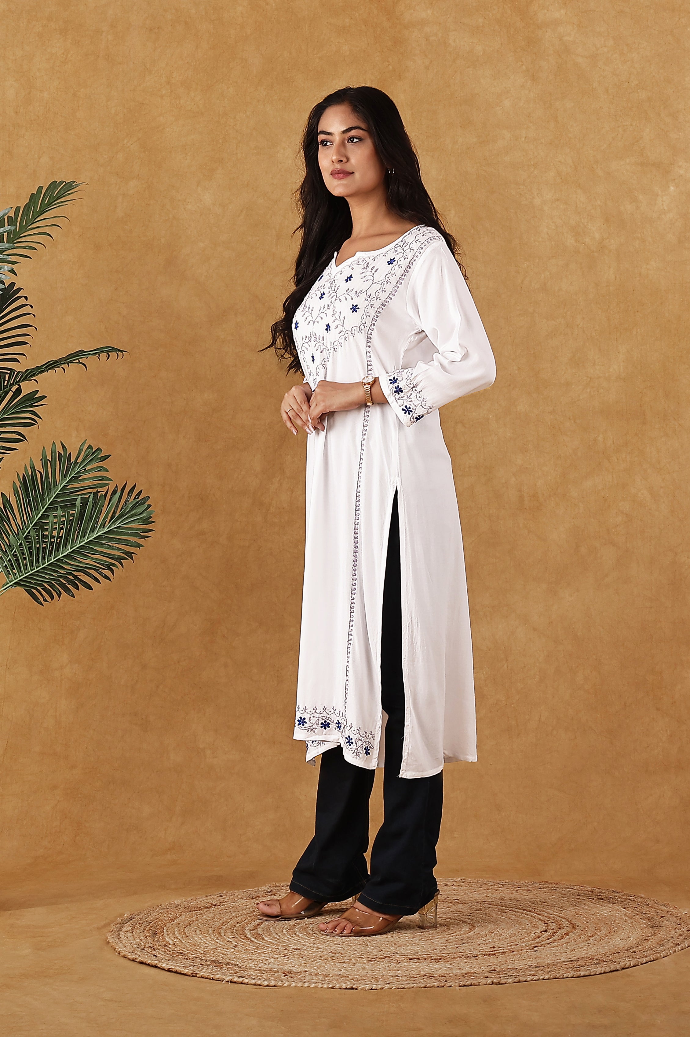 Rayon White with Blue & Lavender Kurta