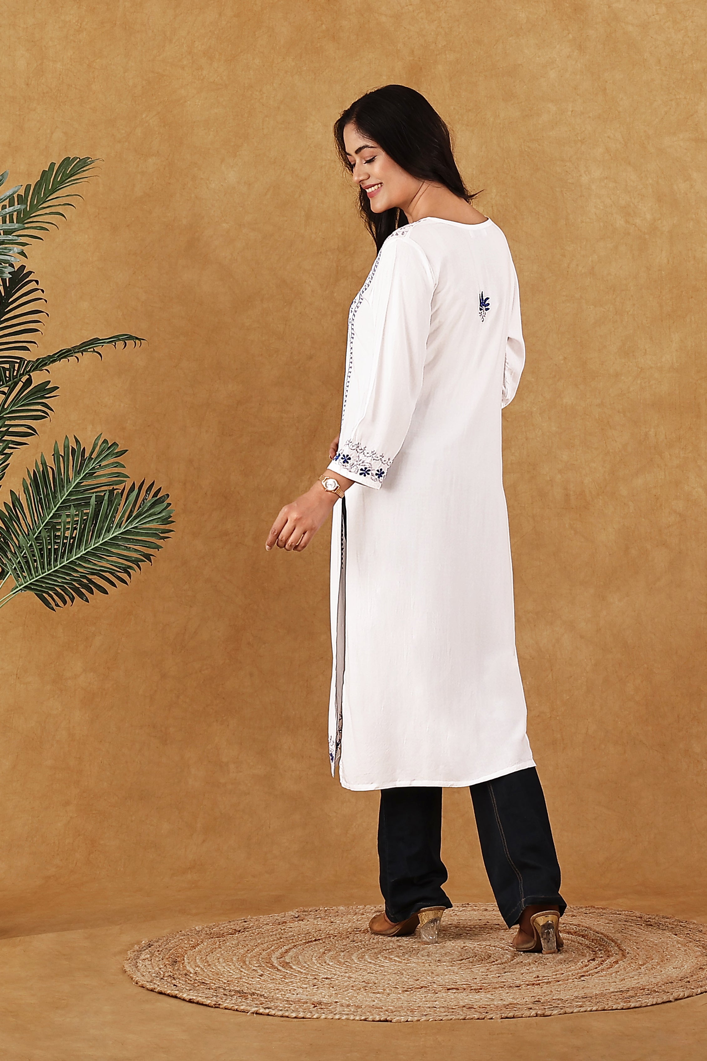 Rayon White with Blue & Lavender Kurta