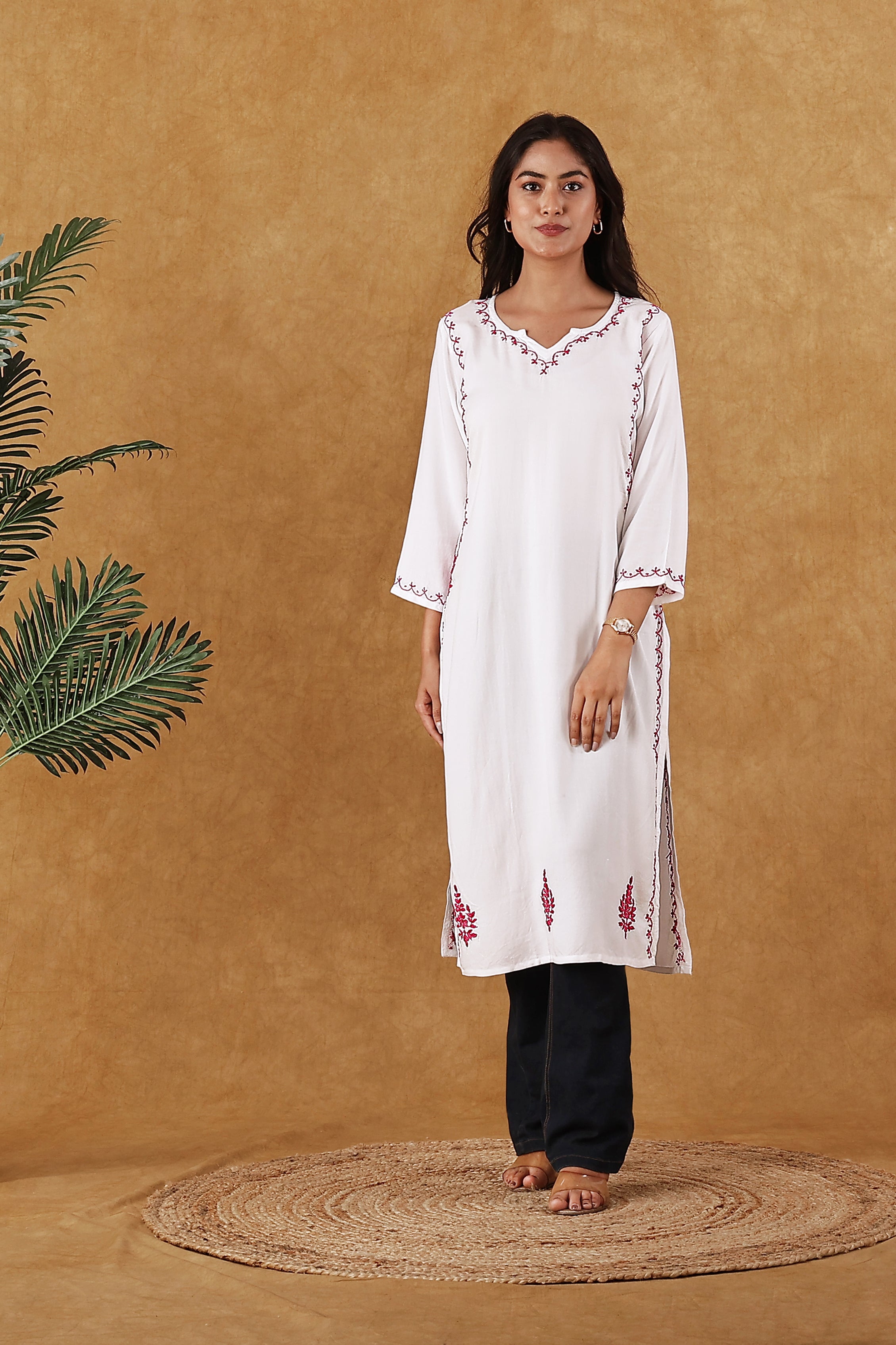 Rayon White & Pink Kurta