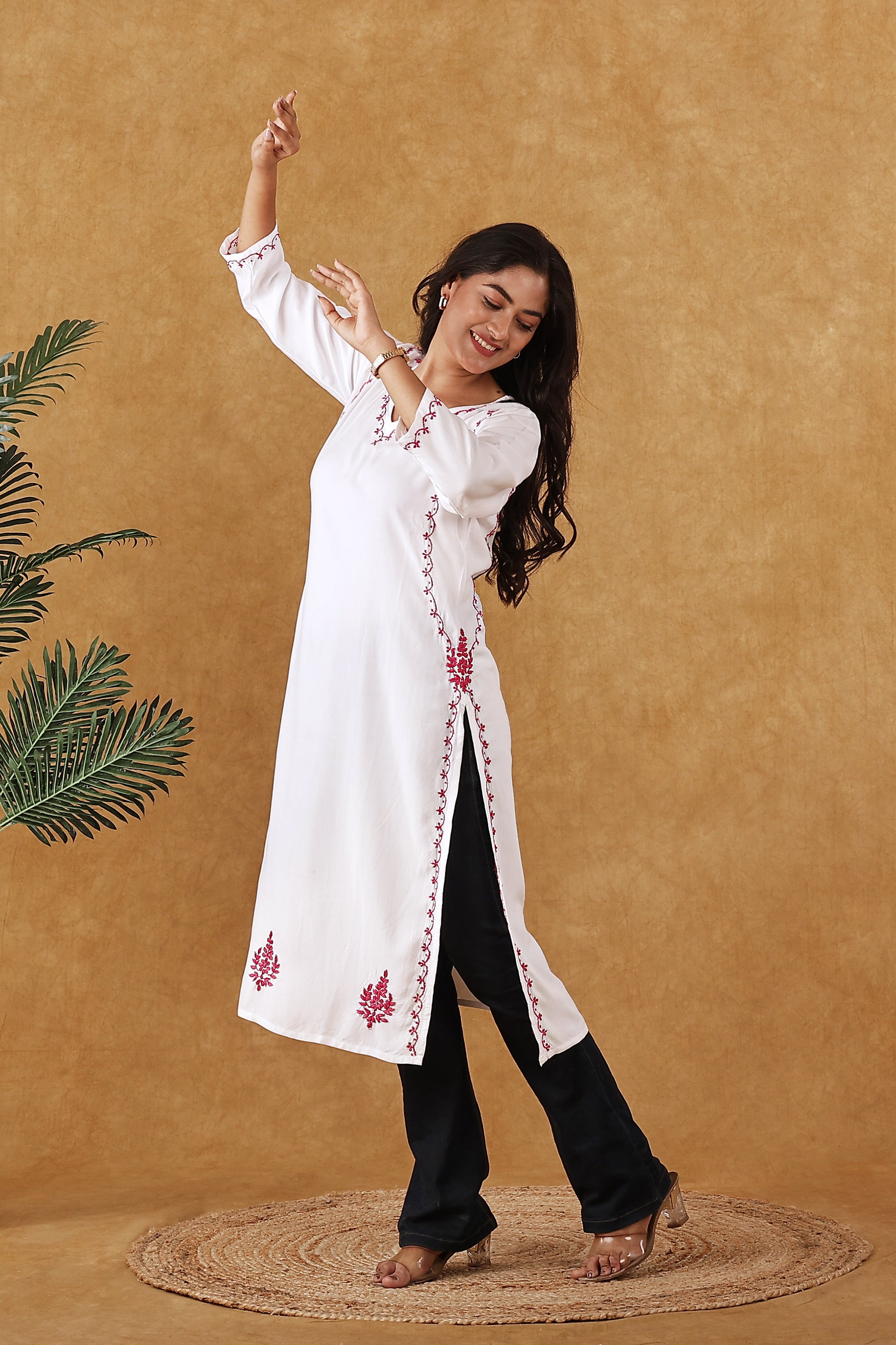 Rayon White & Pink Kurta