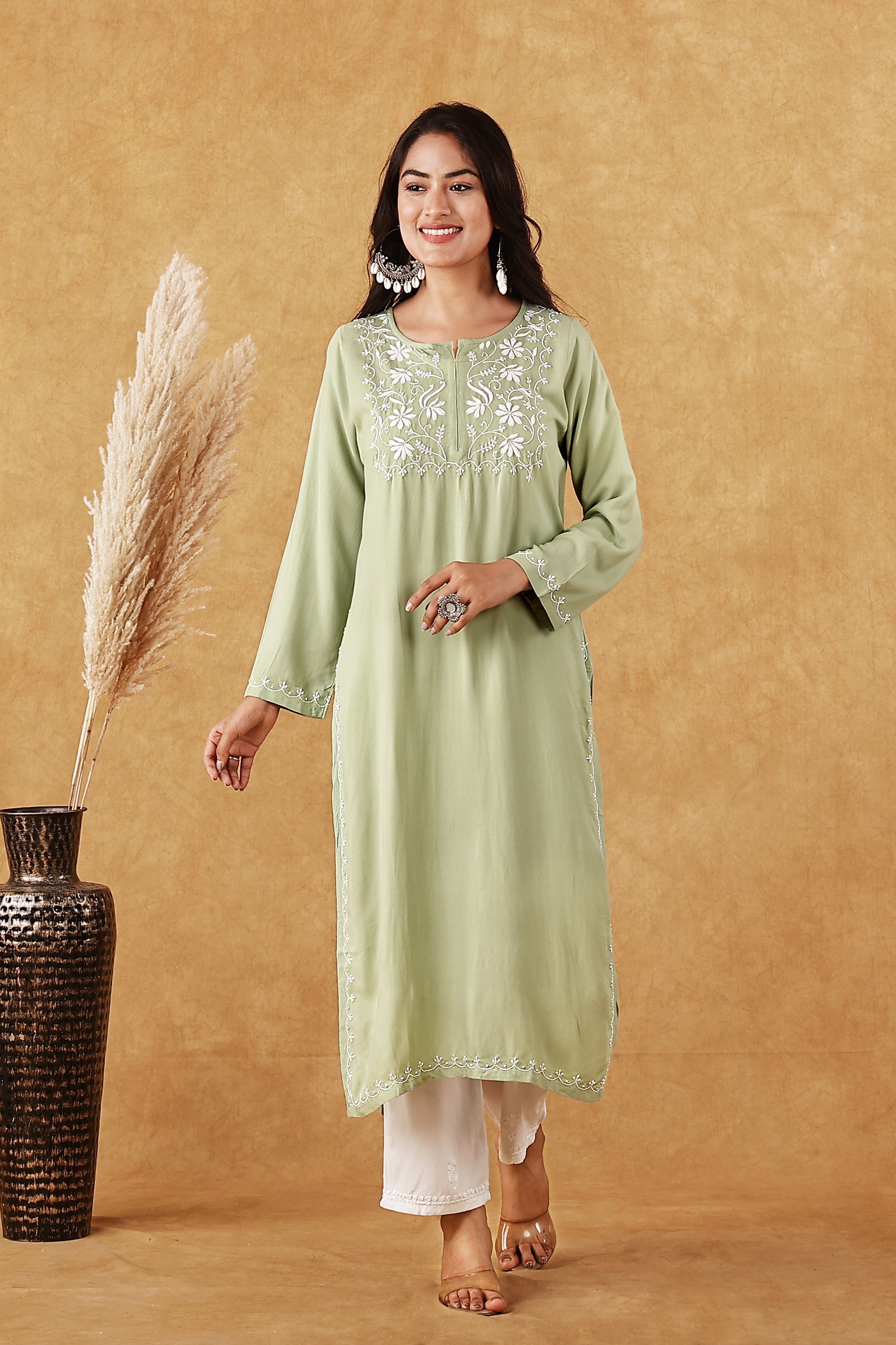 Rayon Sage Green & White Kurta