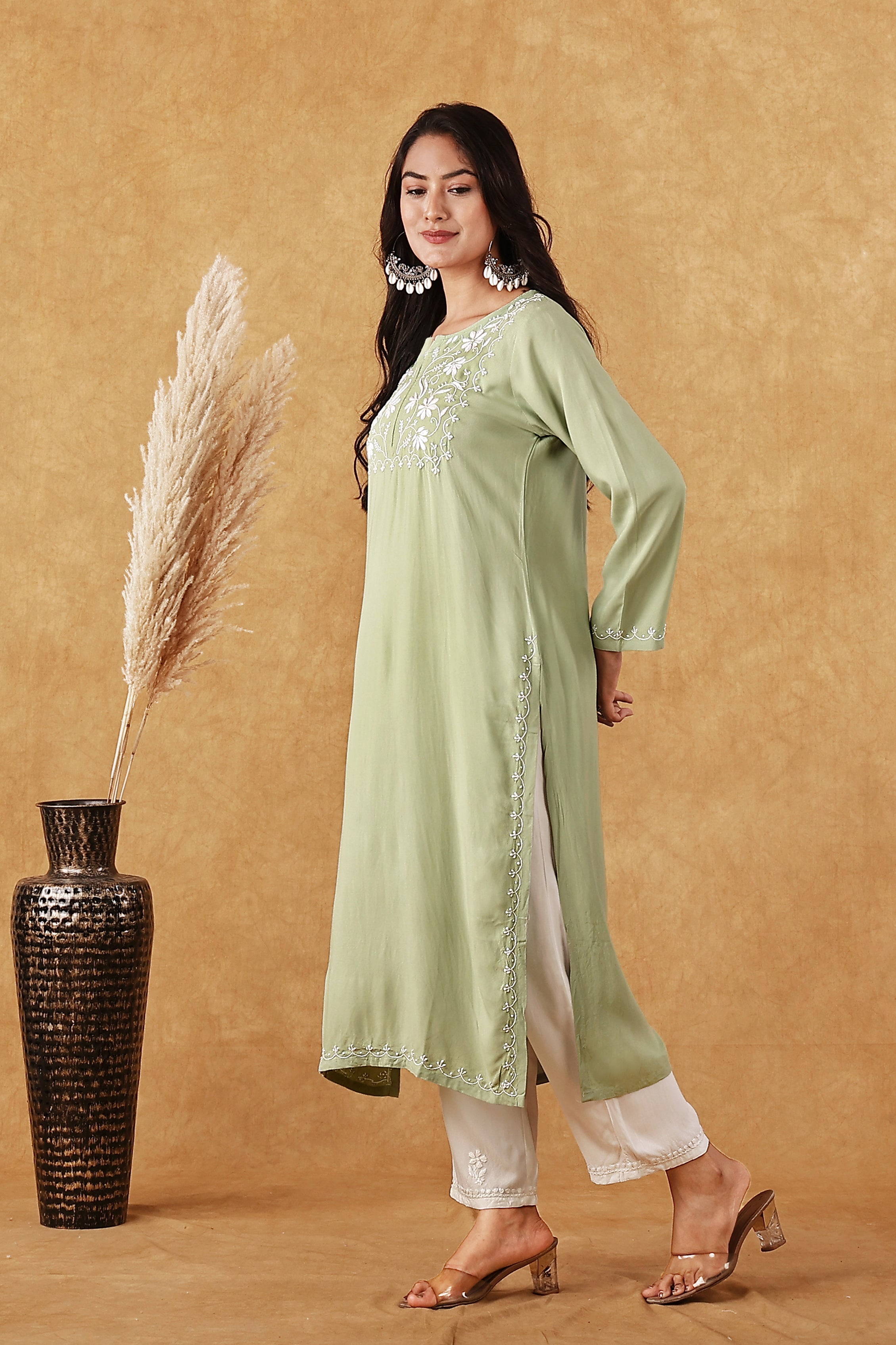 Rayon Sage Green & White Kurta