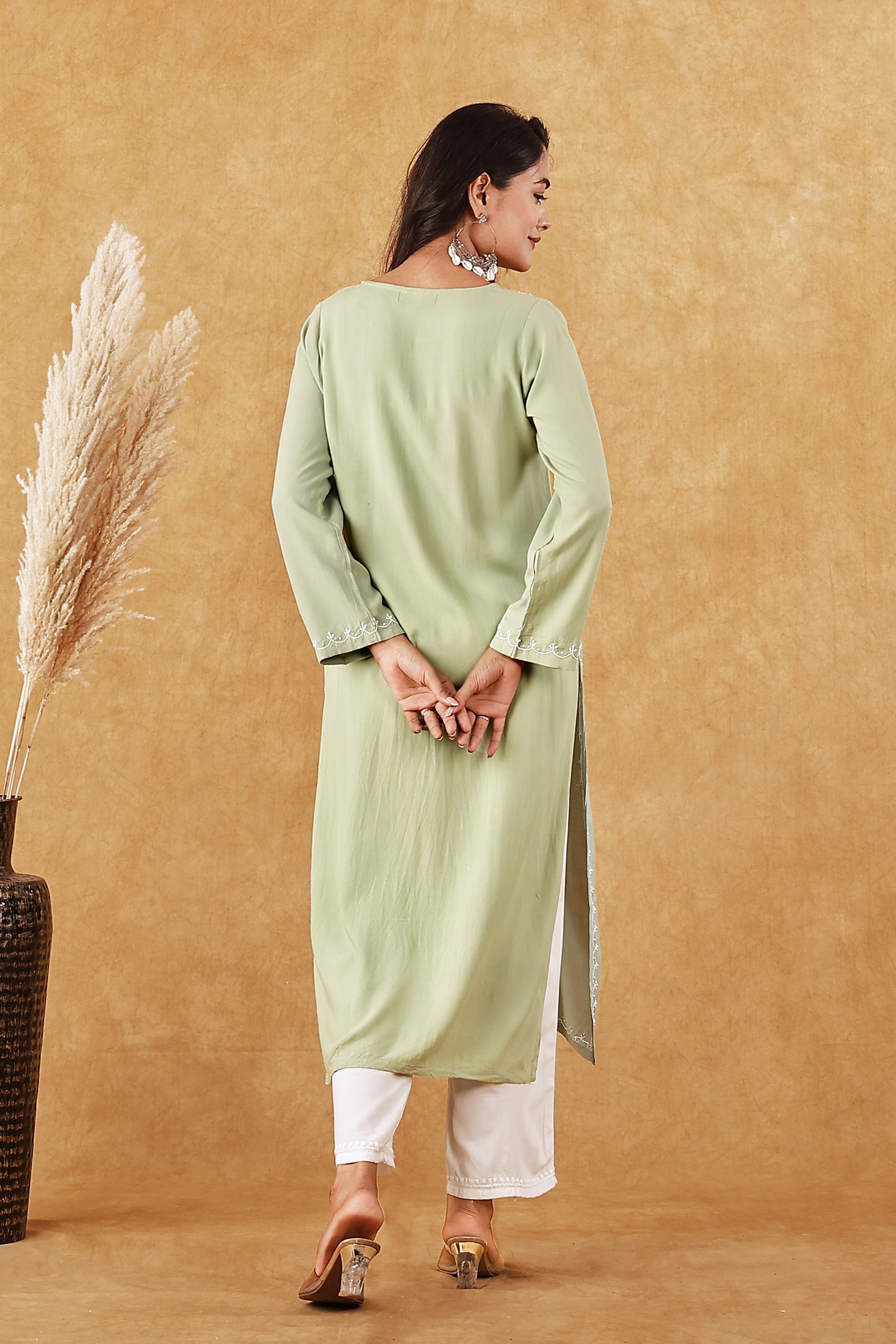 Rayon Sage Green & White Kurta
