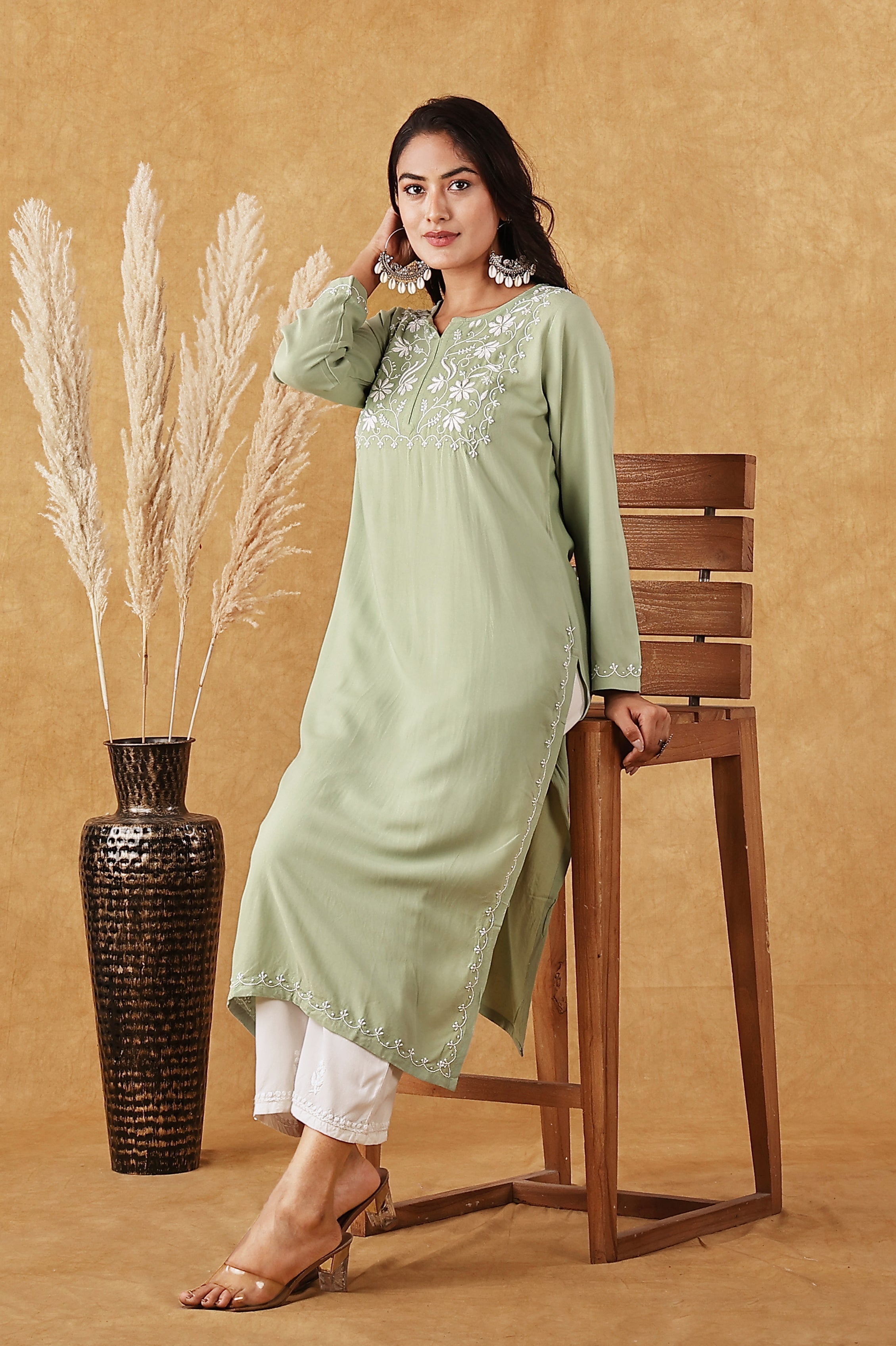 Rayon Sage Green & White Kurta