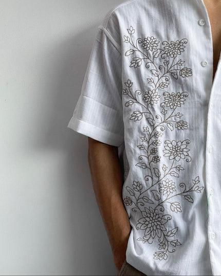 Men's Embroidered Floral Button-Up Shirt – Casual & Bohemian Style