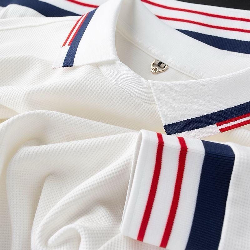 Men’s Piqué Knit Polo T-Shirt with Navy & Red Stripe Accents