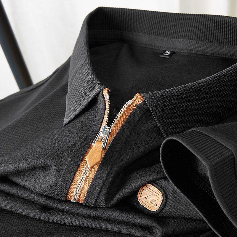 Men’s Premium Waffle-Knit Half-Zip Polo with Contrast Leather Accents